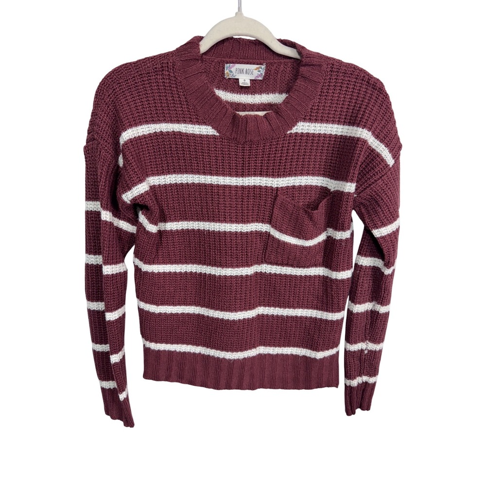 Pink‎ Rose S Maroon Striped Sweater Women's Ribbed Knit Pocket Crewneck